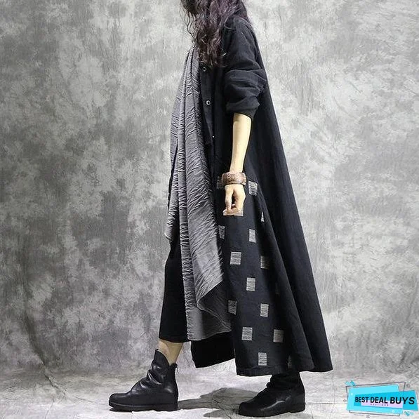 Women Cotton Linen Trench Vintage Autumn Coats Patchwork Clothing Black Trench Coats