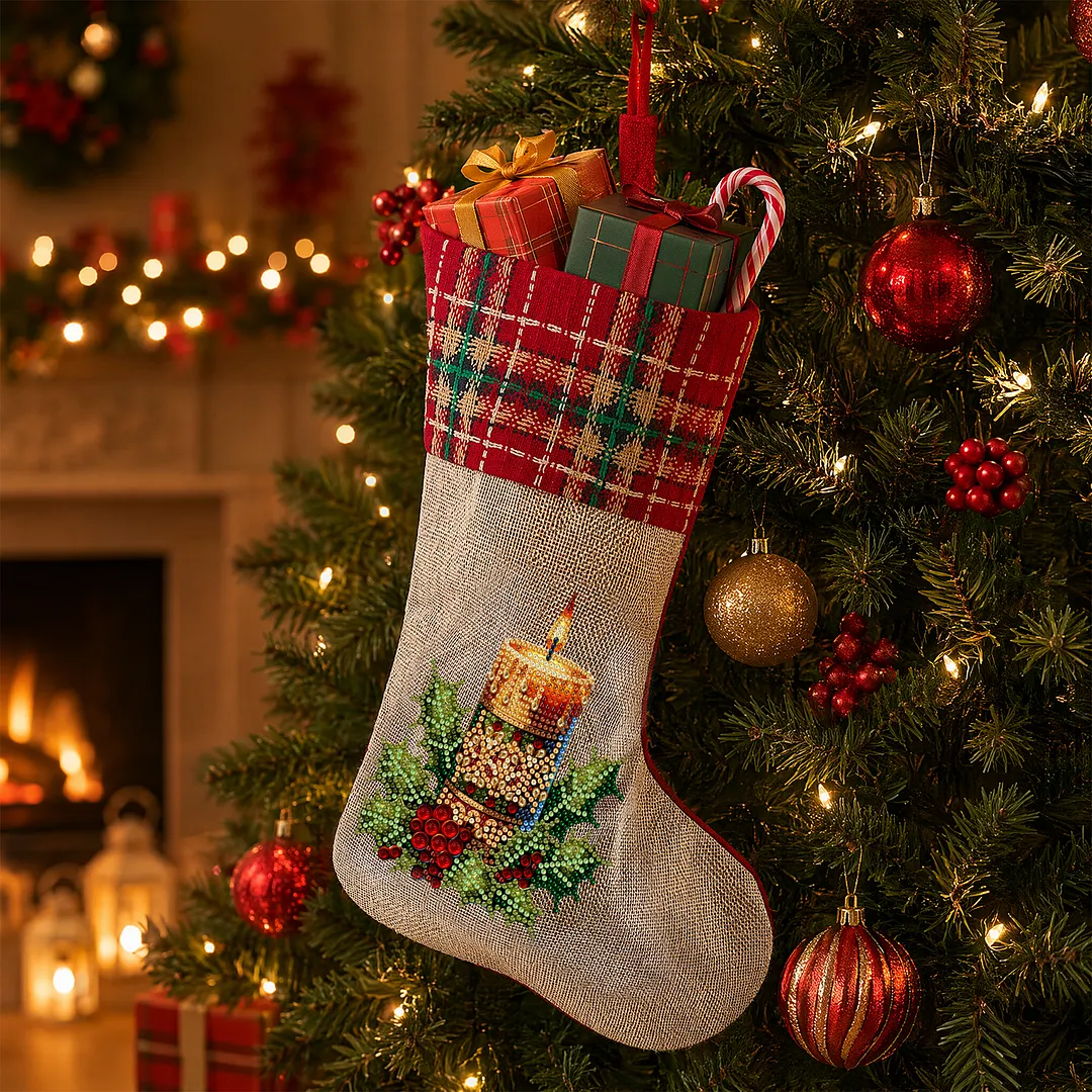 DIY Diamond Painting Christmas Stockings Hanging Ornaments Large Capacity Xmas Socks Pendant Wear Resist Candy Gift Storage Bags for Family Christmas Holiday Party Decoration (Christmas candles)