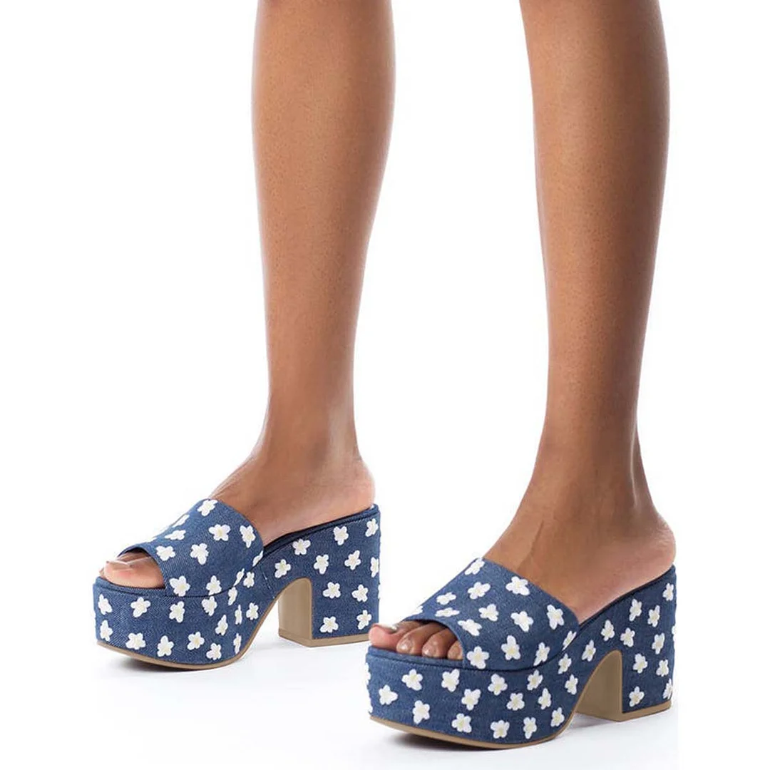 Blue Denim Open Toe Mules White Flower Embroidery Platform Sandals