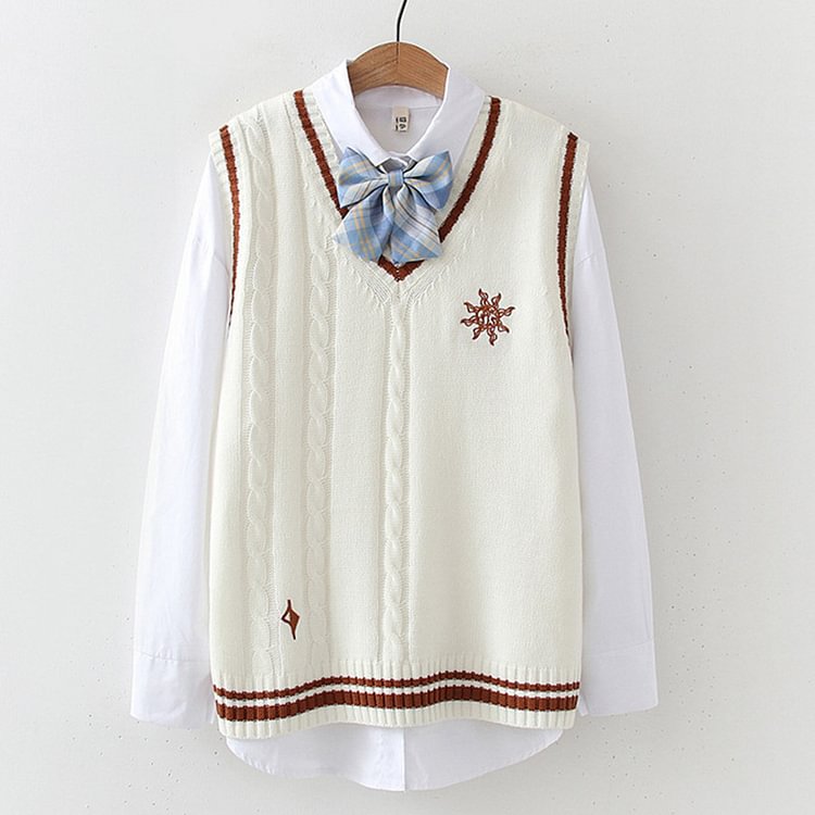Sun Embroidery Knitted Vest BowTie Shirt Two-Piece Set - Modakawa