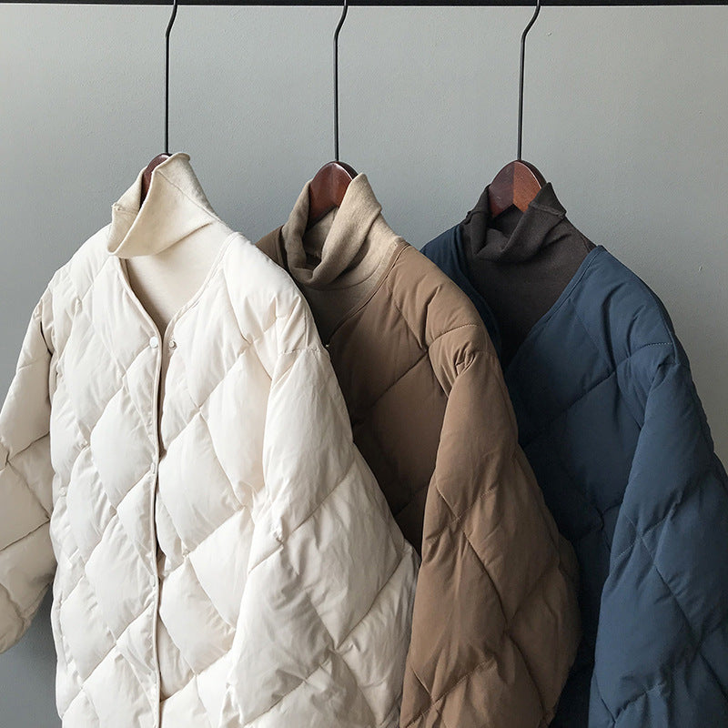 Women Long Sleeve V-neck Solid Color Puffer Coats