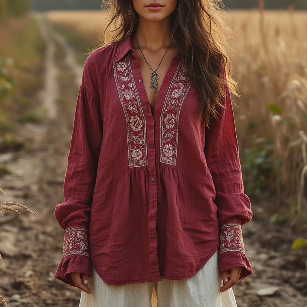 Women's Casual Cotton And Linen Retro Long-sleeved Shirt