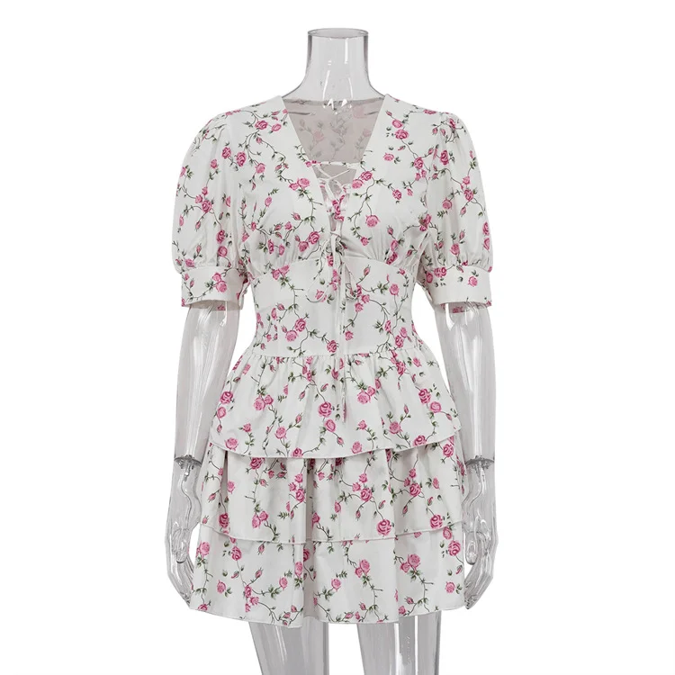 Ueong Ueong Flounce Floral Dress Short Sleeve Sexy A-Line Dress 2024 New Women's Wear