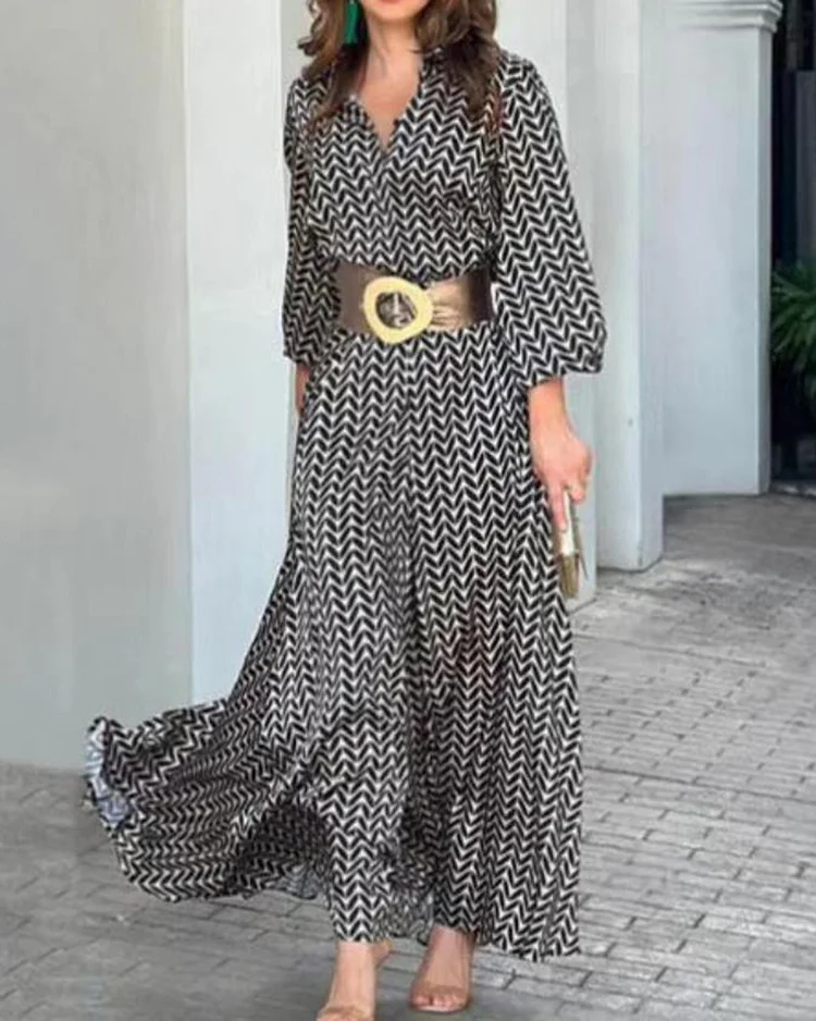 V-neck Printed Long Sleeve Dress