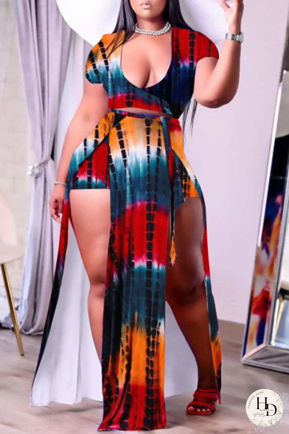 Sexy Casual Print Slit V Neck Plus Size Two Pieces