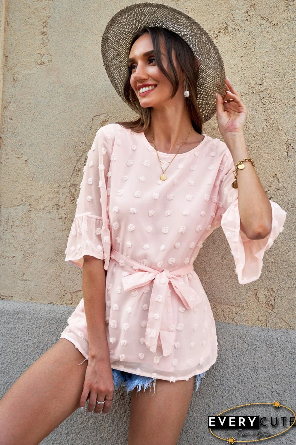Pink Swiss Dot Tie Blouse