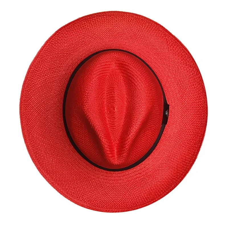Red Classic Fedora | Genuine Panama Hat | Toquilla Straw | Handwoven in Ecuador - EA - HatBox Included