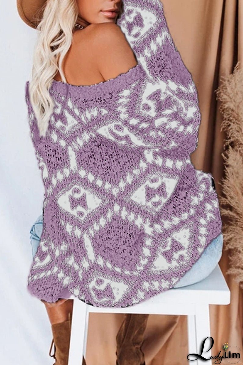 Oversized Geometric Print V Neck Sweater