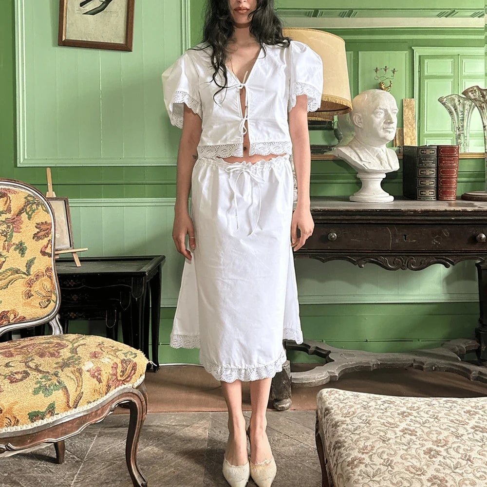 Llyge Women Y2K 2Pieces Lace Hem Outfits Set Short Sleeve Front Bow Knot Tied Hollow Out Shirt Tops + Midi Drawstring Skirt llyge