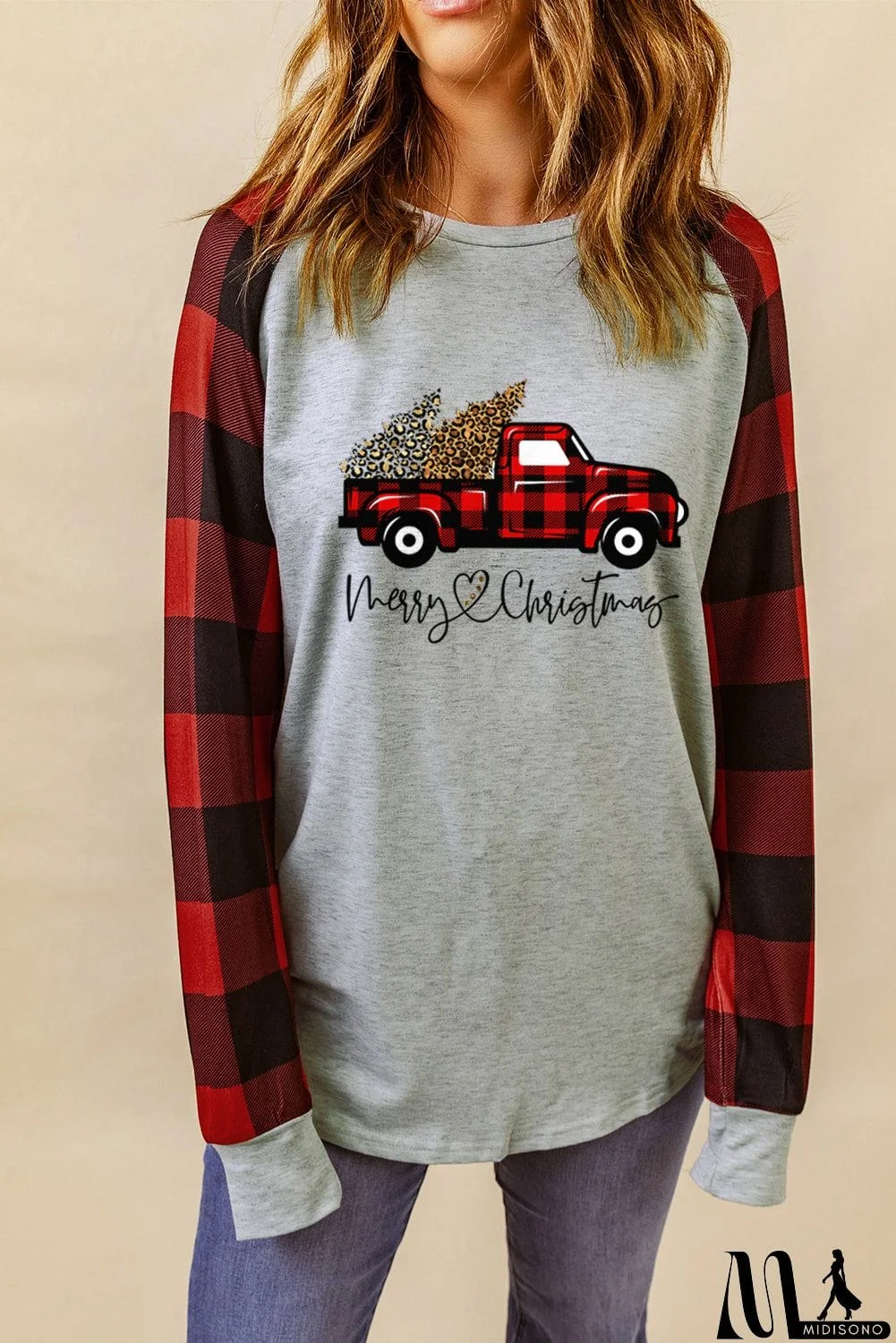 MidiSono - Merry Christmas Truck Plaid Patchwork Pullover Sweatshirt