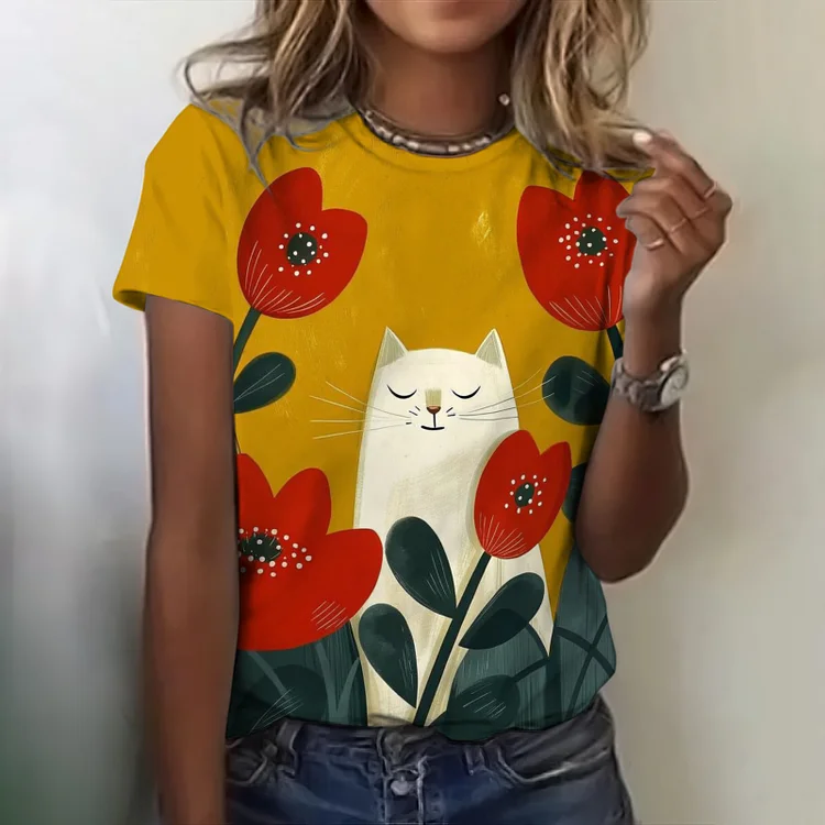 Women's Retro Pop Art Cat Short Sleeve Top
