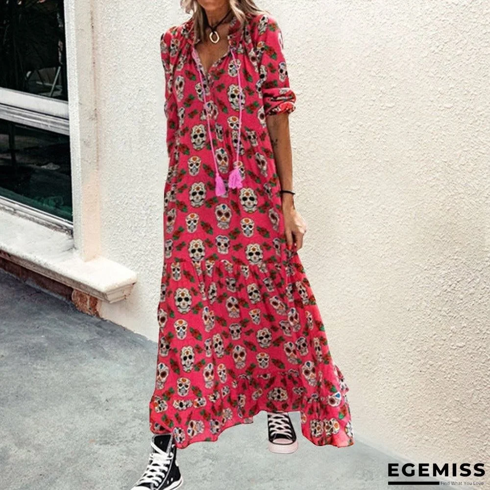 New Printed V-neck Lace-up Casual Bag Hip Middle Sleeve Dress | EGEMISS