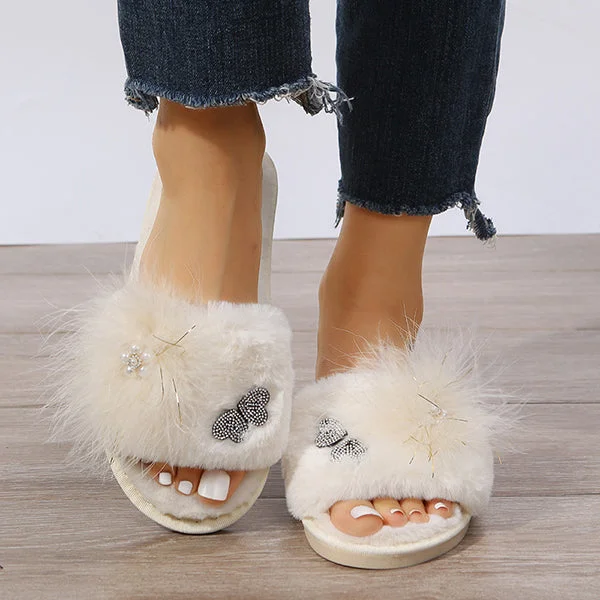 HUXM Rhinestone Embrellished Fluffy Flat Slippers