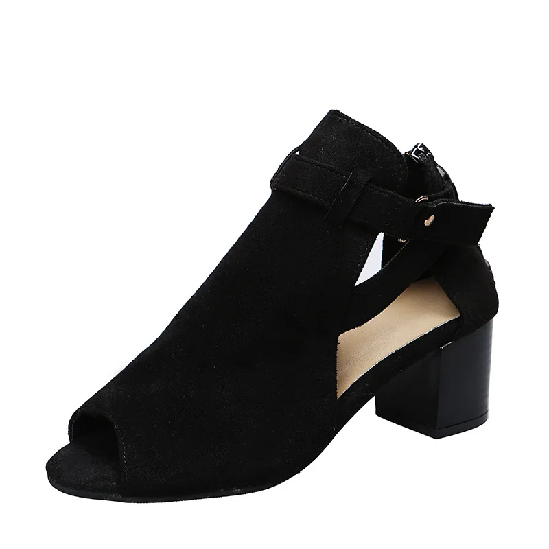 Yyvonne Spring And Summer New Thick Heel High-Heeled Sandals Women's Large-Size Hollow Women's Shoes Zippered Women's Sandals