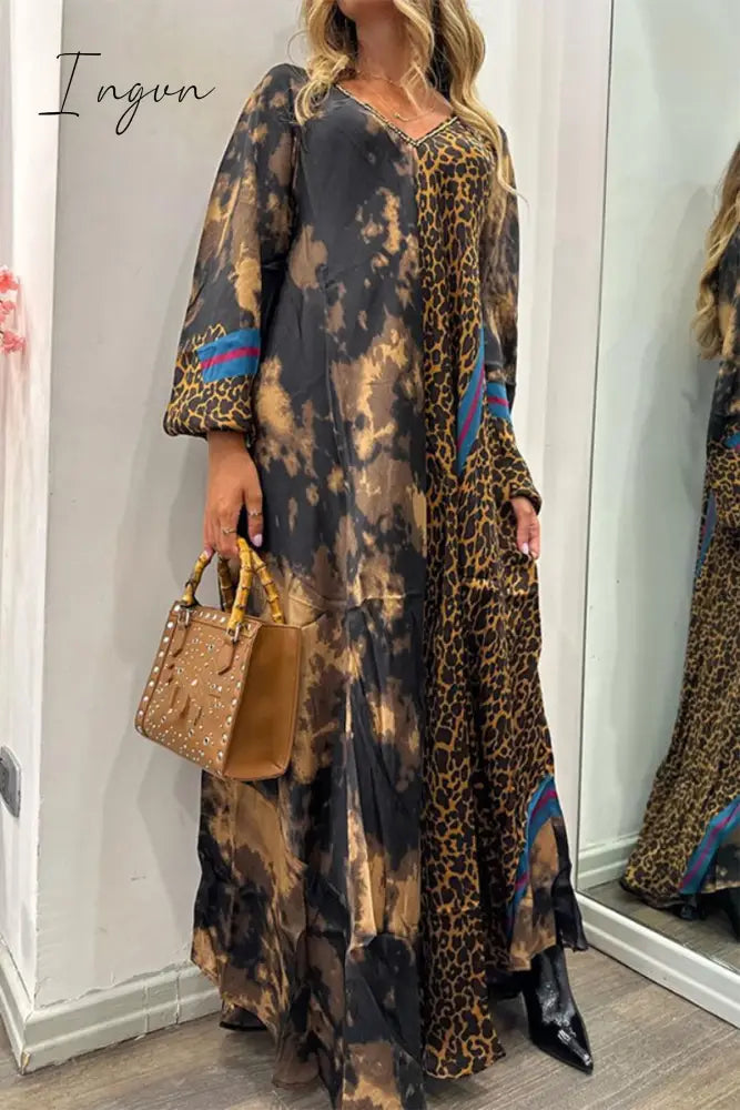Ingvn - College Leopard Printing V Neck Printed Dress Dresses Print / S Dresses/Vintage