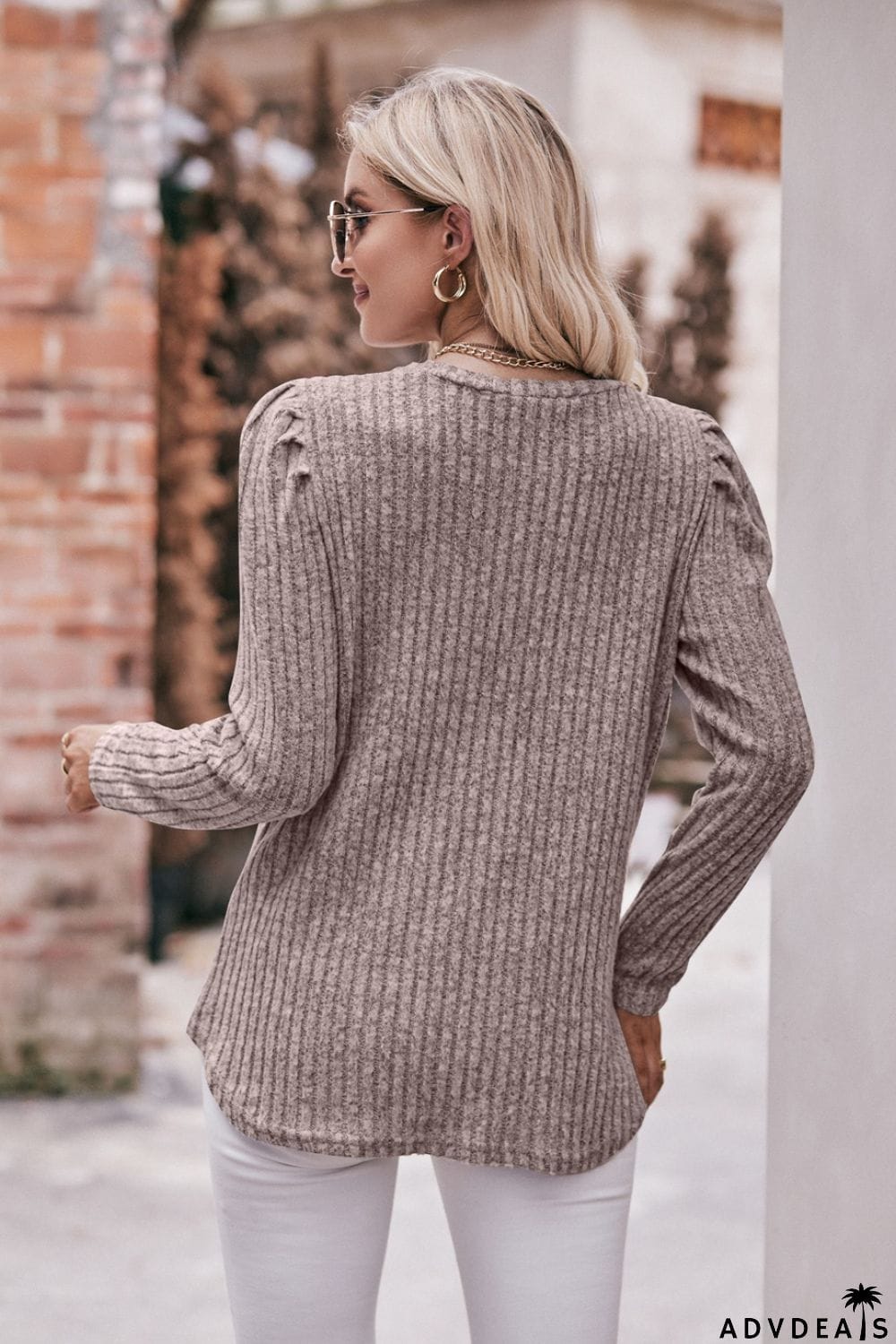 Double Take Round Neck Puff Sleeve Ribbed Top