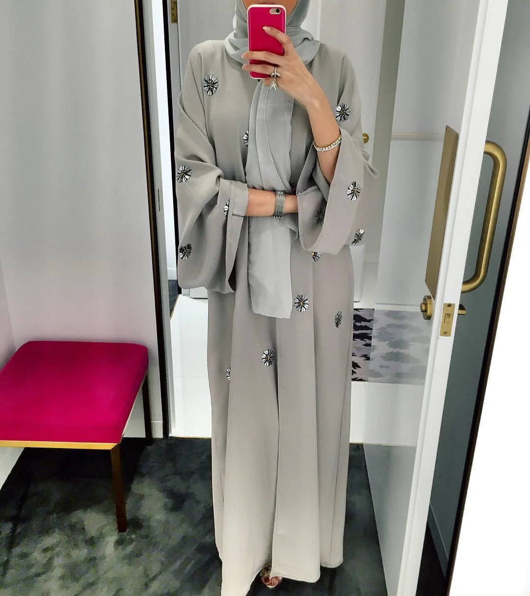 Brownm Lace Up Embroidered Beaded Cardigan Robe Dress