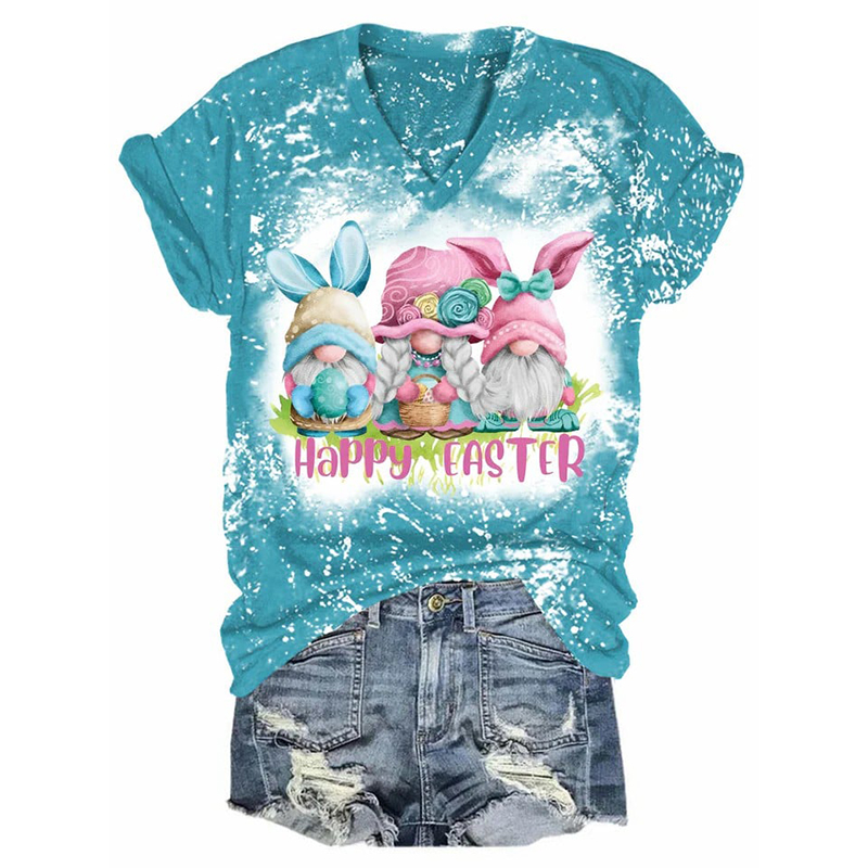 Easter Print V-Neck Short Sleeved T-Shirt wearshes