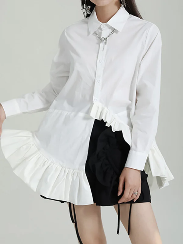 Cropped Long Sleeves Asymmetric Pure Color Lapel Blouses&Shirts Tops