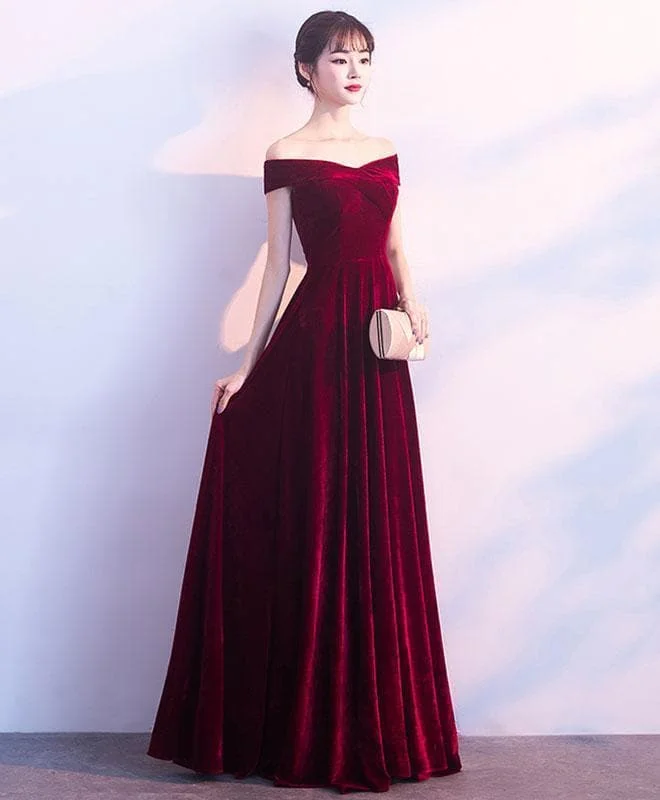 Burgundy V Neck Velvet Long Prom Dress
