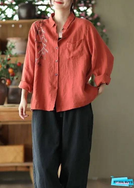 Vintage Red Peter Pan Collar Patchwork Linen Blouses Spring