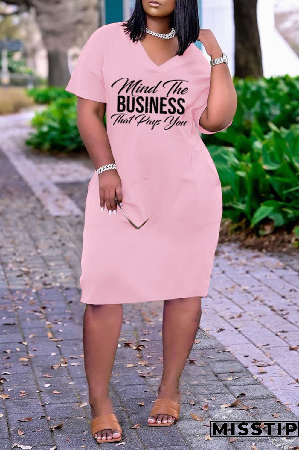 Pink Fashion Casual Letter Print Basic V Neck Short Sleeve Dress