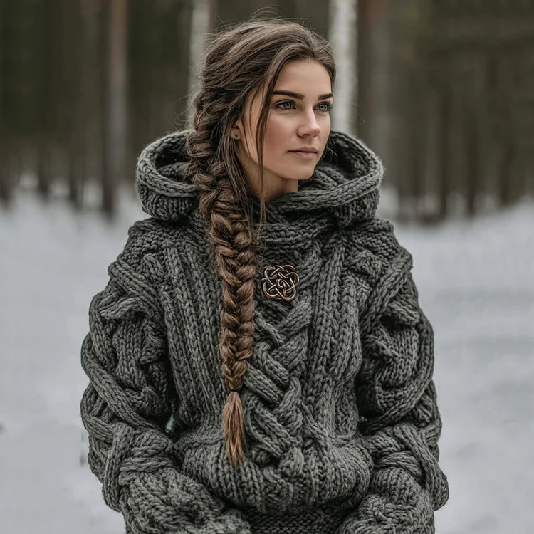 Women's Vintage Celtic Knot Art Knit Aran Hooded Sweater