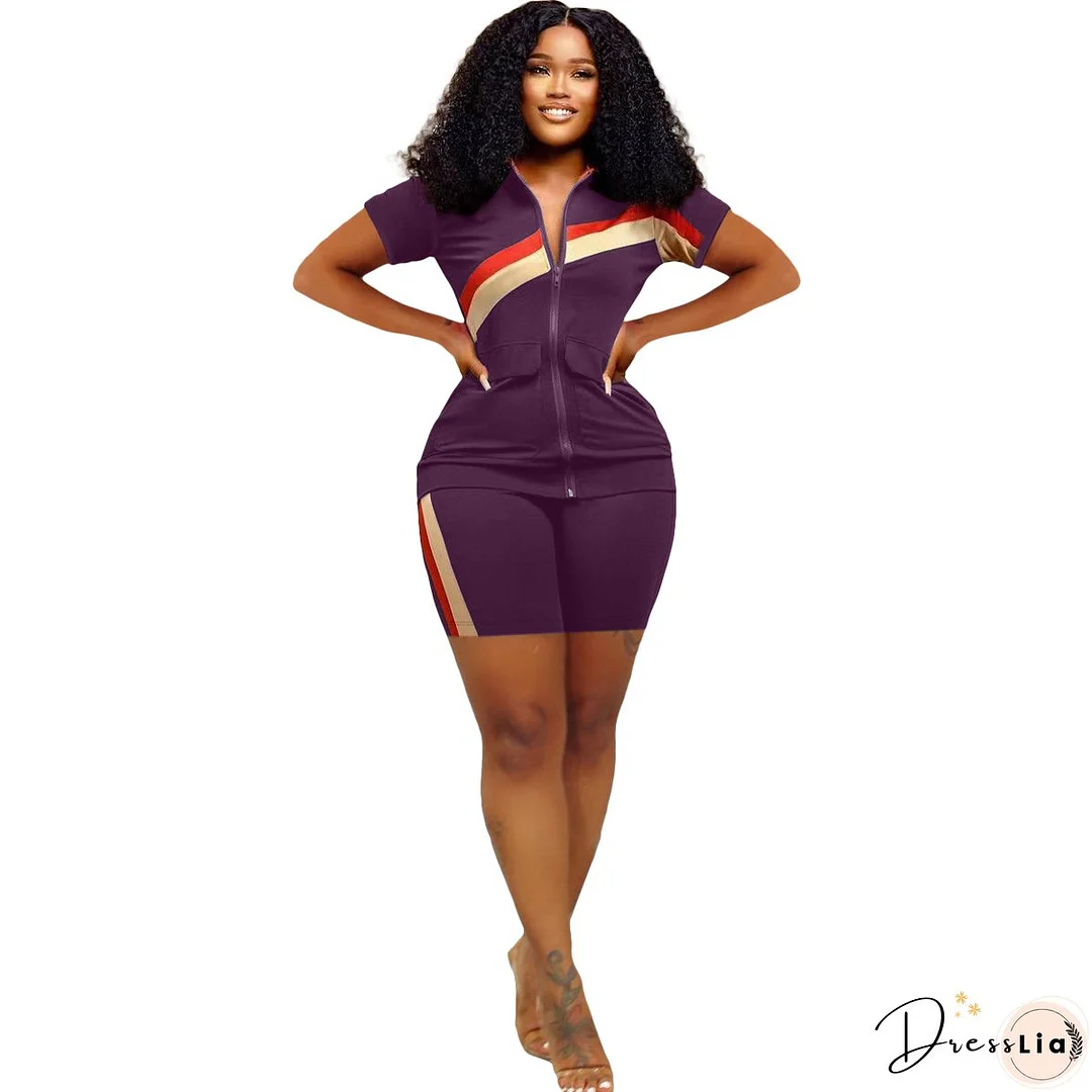 Women's Sports Casual Fashion Zip Pocket Top Shorts Two-Piece Set