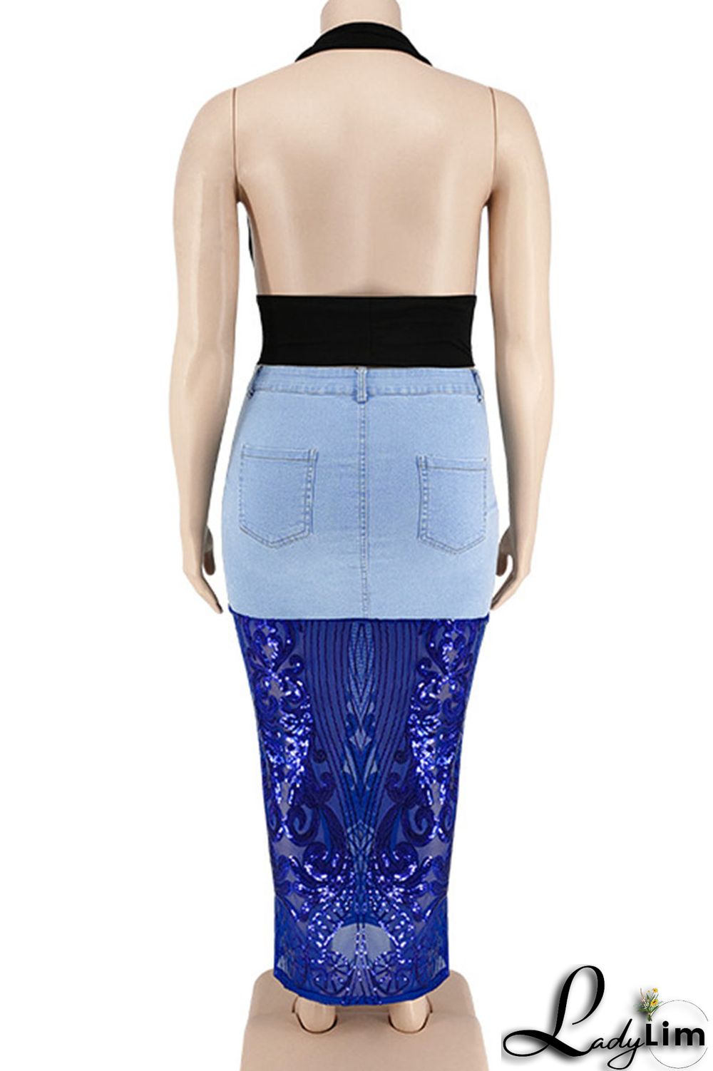 Deep Blue Sexy Solid Embroidered Sequins Patchwork High Waist Denim Skirts
