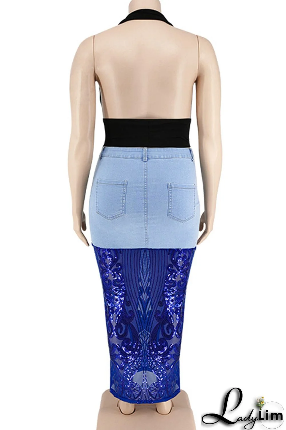 Deep Blue Sexy Solid Embroidered Sequins Patchwork High Waist Denim Skirts
