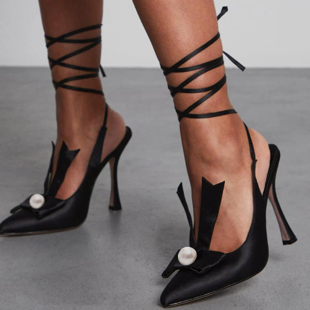 Black Pointed Toe Heel Slingback Sandals Lace Up Sexy Women's Shoes