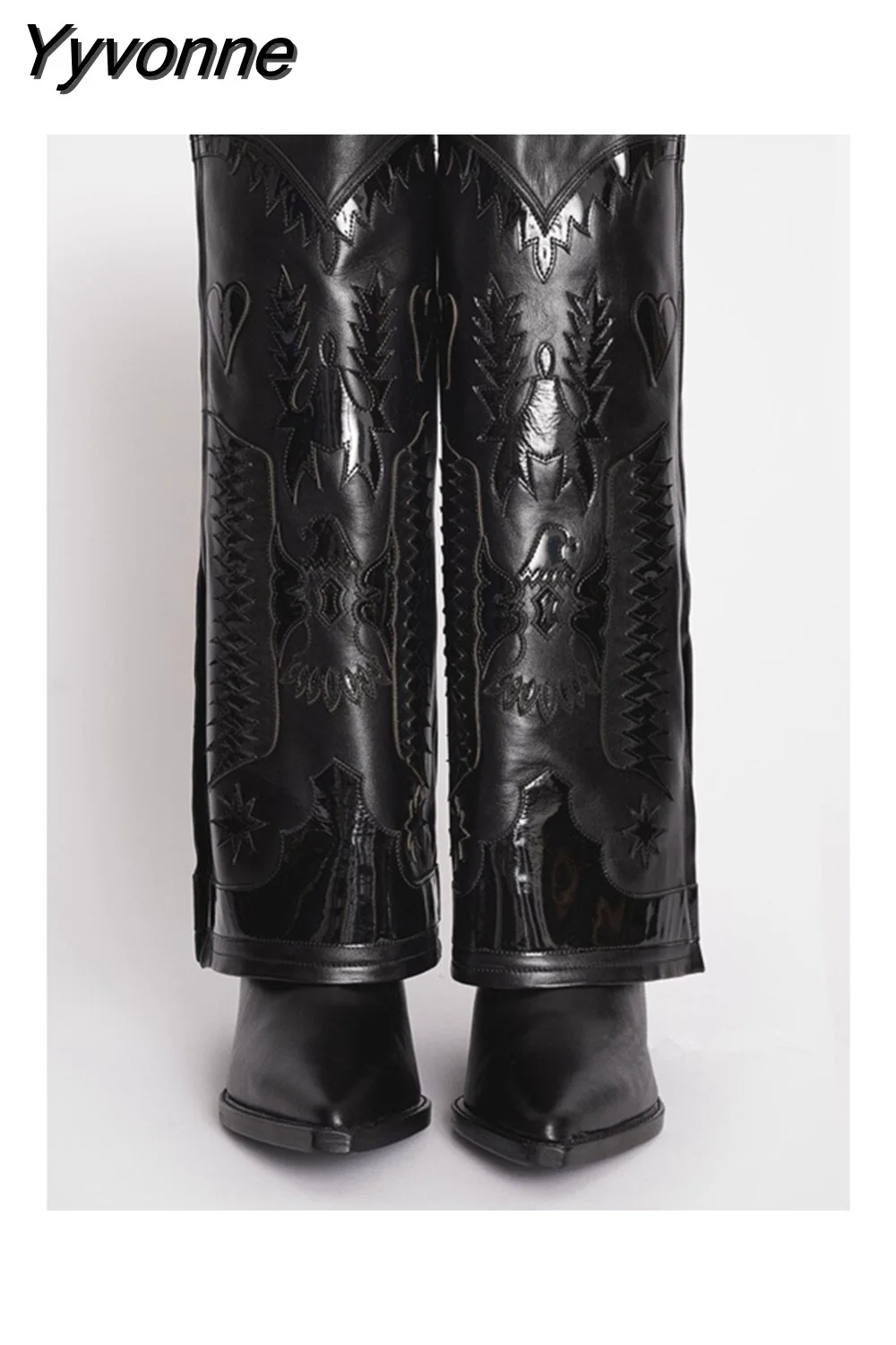 Yyvonne women's autumn and winter new leather fashion embroidered ankle boots white stitching thick heel pointed boots 715-0