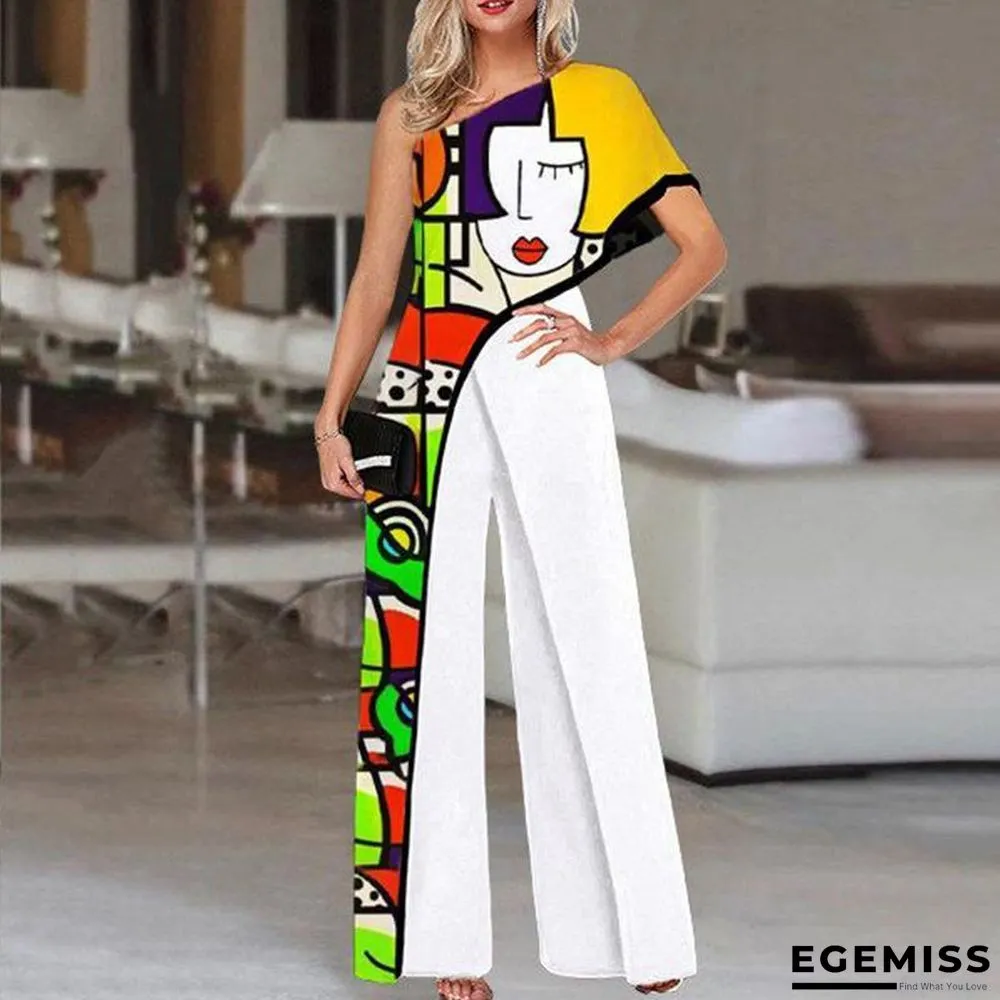 Jumpsuit Printed Diagonal Shoulder Fashion Wide Leg Pants for Women | EGEMISS