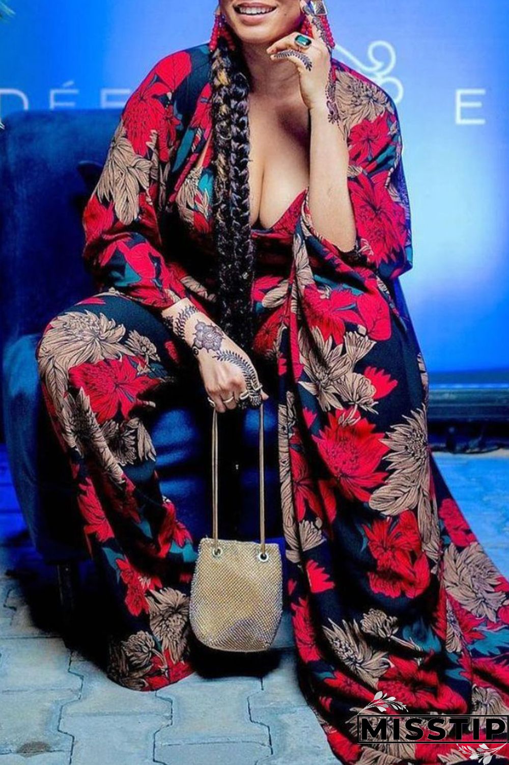 Burgundy Casual Print Patchwork Halter Long Sleeve Four Pieces(Contain The Scarf)