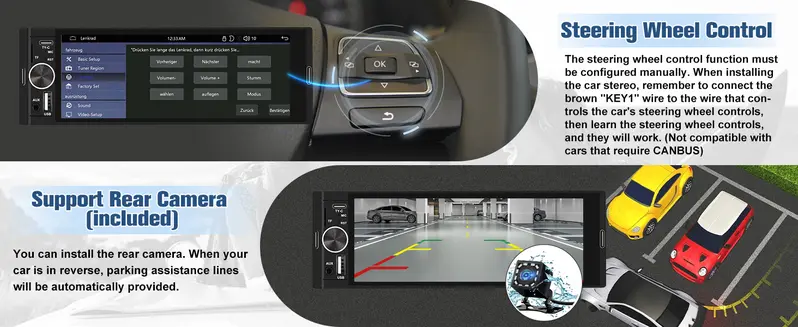 Product Introduction of Universal Single Din Car Stereo with Wireless CarPlay & Android Auto. 6.36 Inch IPS Touch Screen Head Unit with Backup Camera/External Microphone. Car Radio Supports Bluetooth/SWC/FM/USB/TF 17