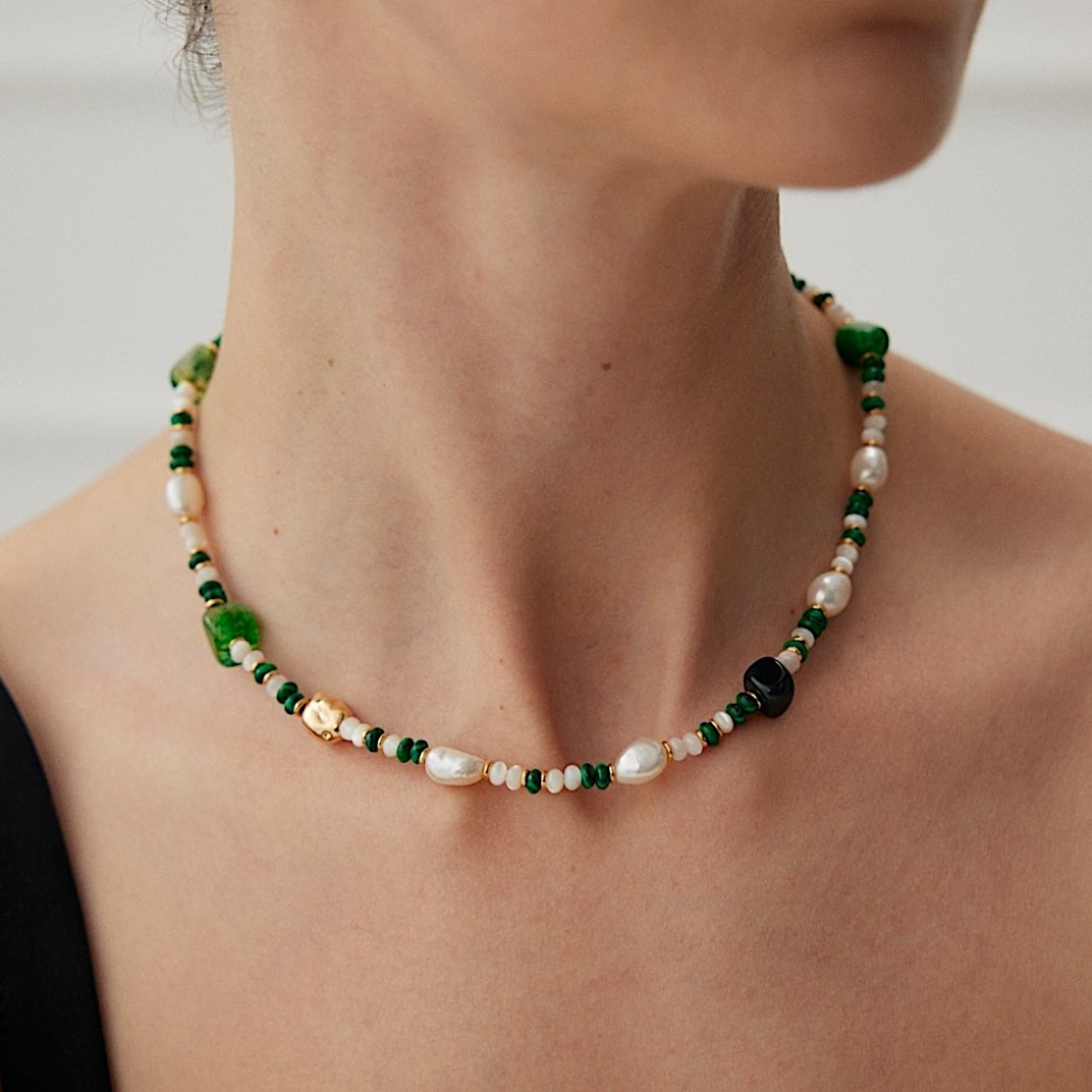 Multi Green Gemstone Gold Plated Beaded Necklace