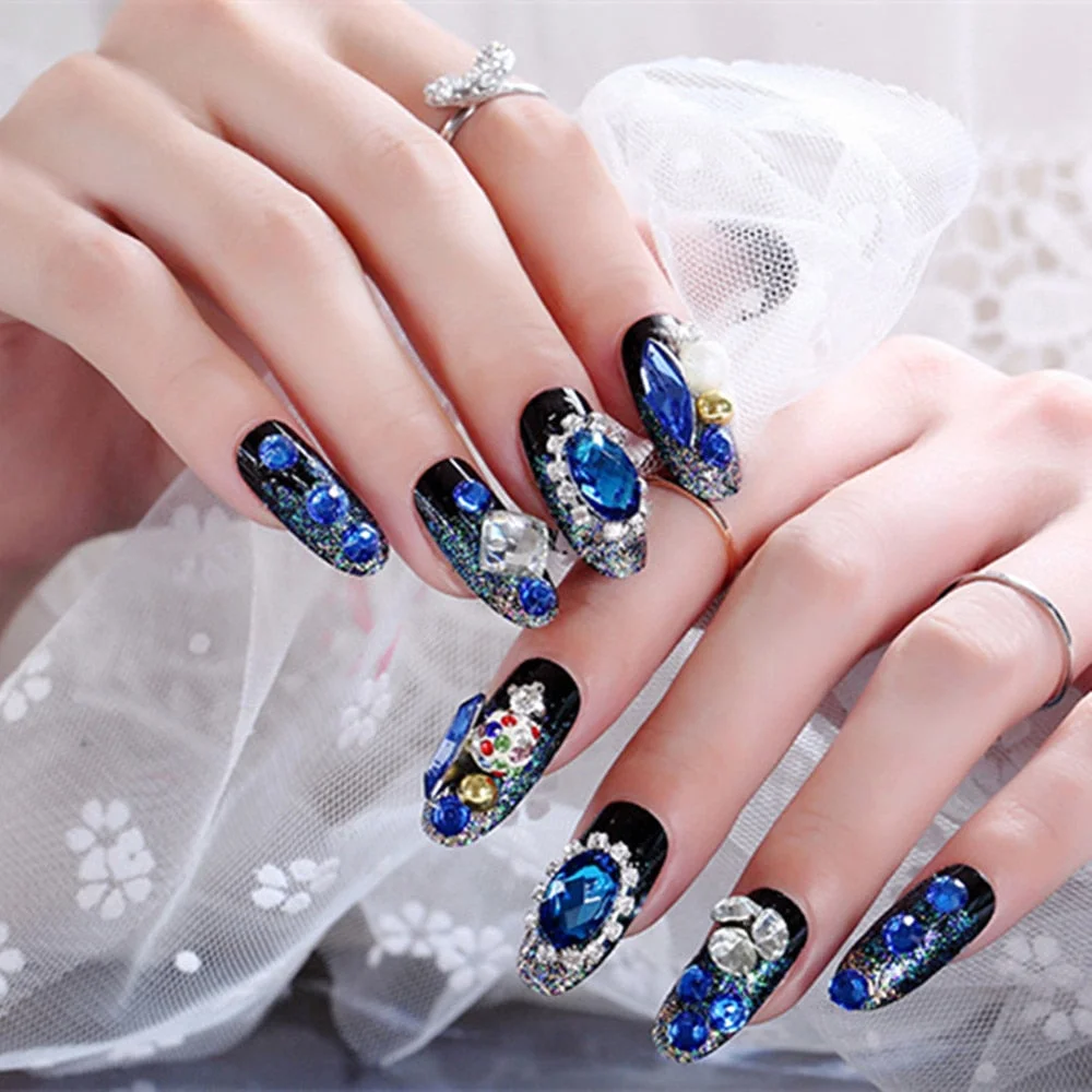 24Pc Rhinestone False Nails Bride Wedding Party Fake Nail Luxury Nail Art Faux Ongles Lady Full Nail Tip Patch with Glue Sticker-Nail Inspo