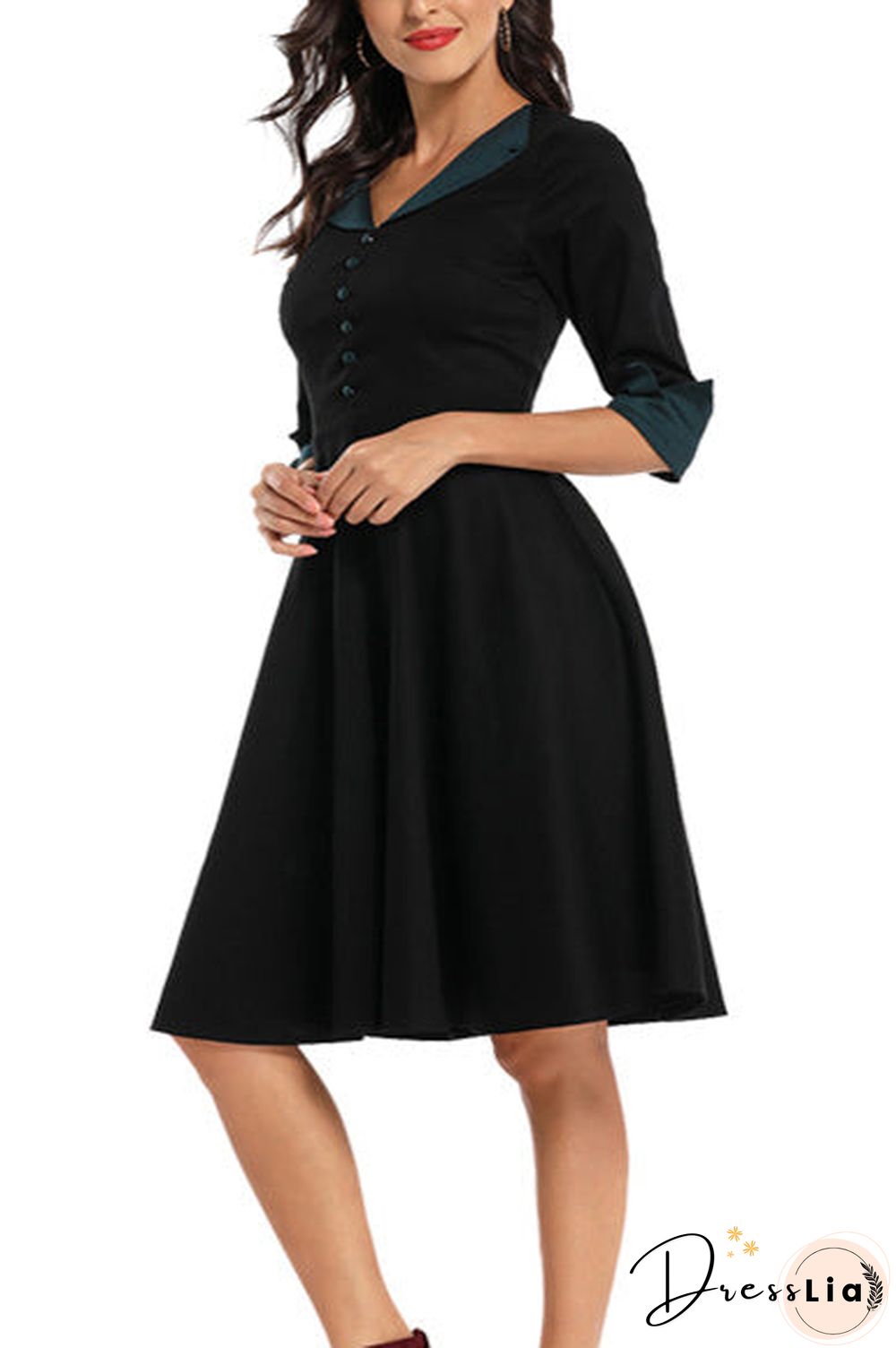 Colorblock Buttoned Cuffed Sleeve Prom Dress