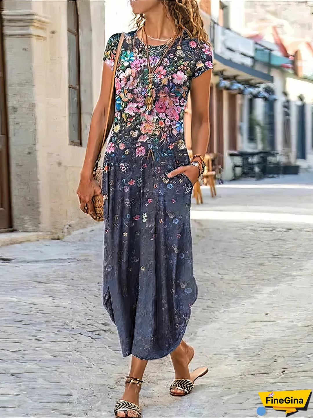 Shift Floral Pocket Print Crew Neck Casual Maxi Dress
