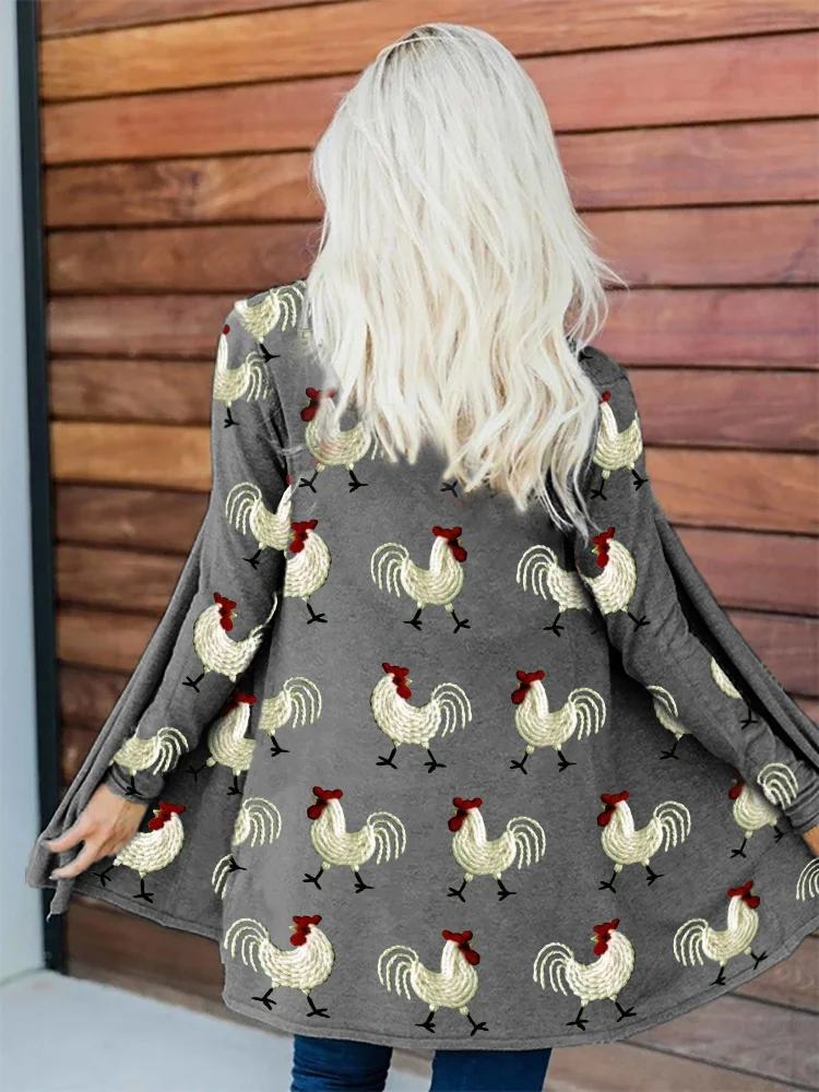 VChics Roosters Embroidery Pattern Comfy Cardigan