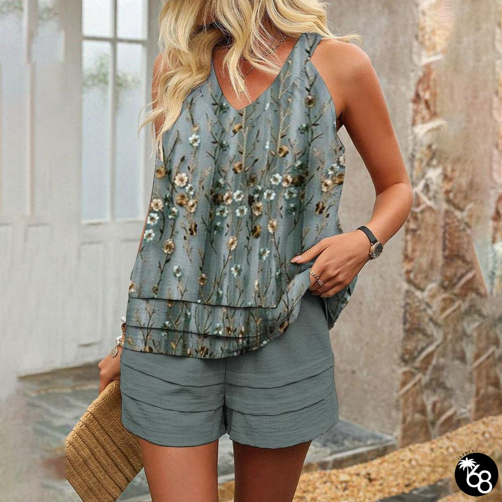 Green Floral Print Sleeveless Two Piece Set | 168DEAL