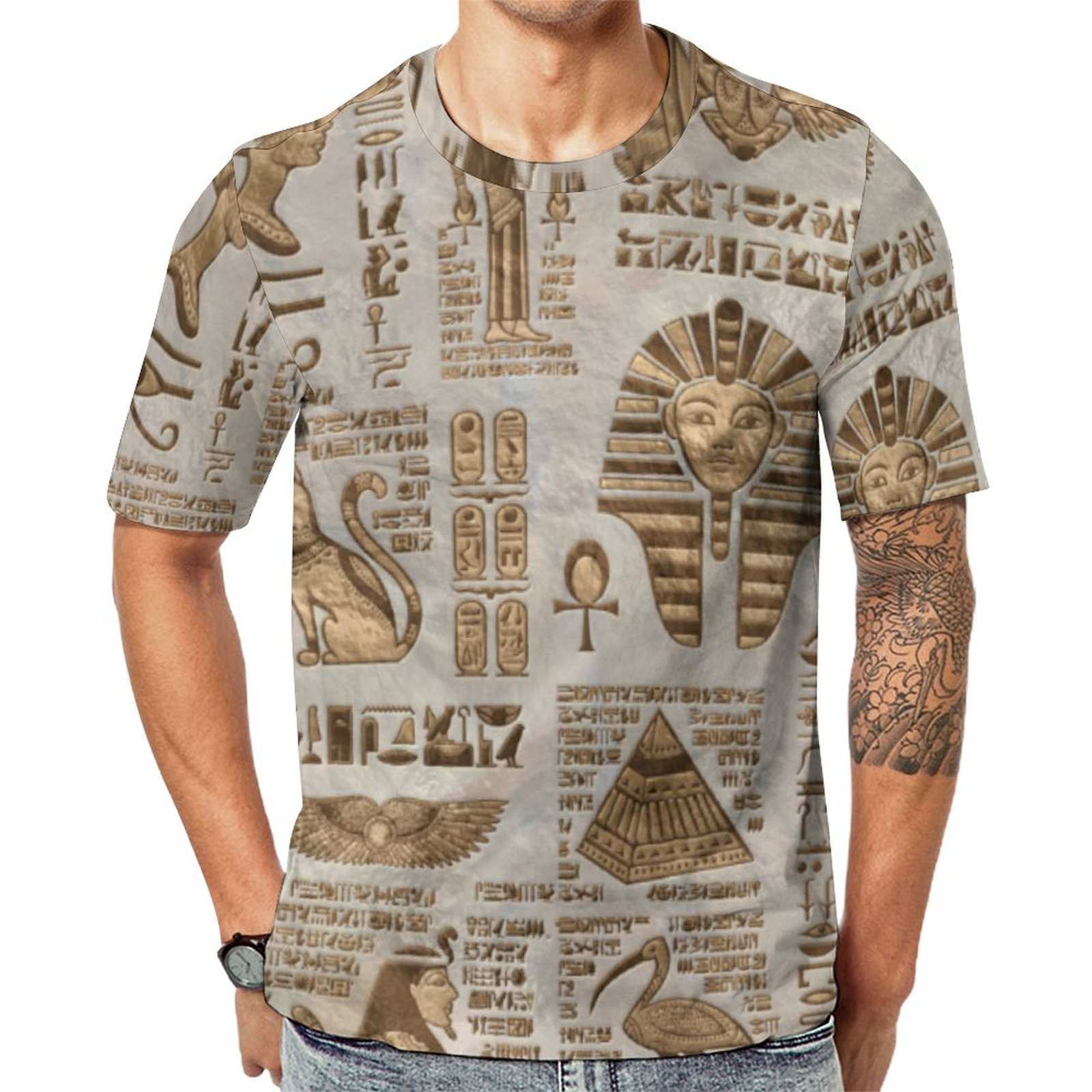 Egyptian Hieroglyphs And Deities Vintage Gold Short Sleeve Print Unisex Tshirt Summer Casual Tees for Men and Women Coolcoshirts