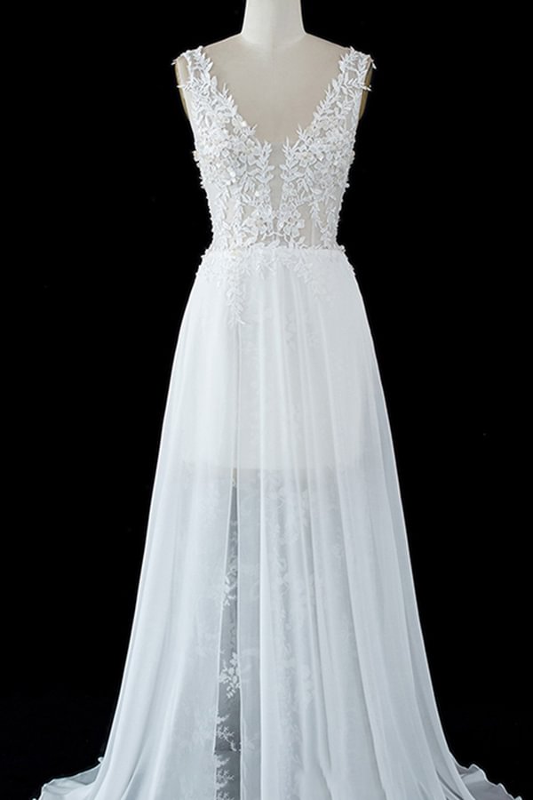 Modern Straps Sheer Split Tulle A-line Wedding Dress With Lace | Ballbellas Ballbellas