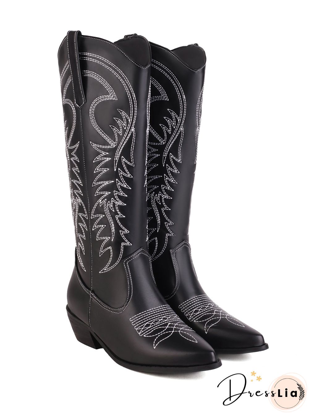 Embroidered Panel Plush Warm Pointed-Toe Cowboy Boots