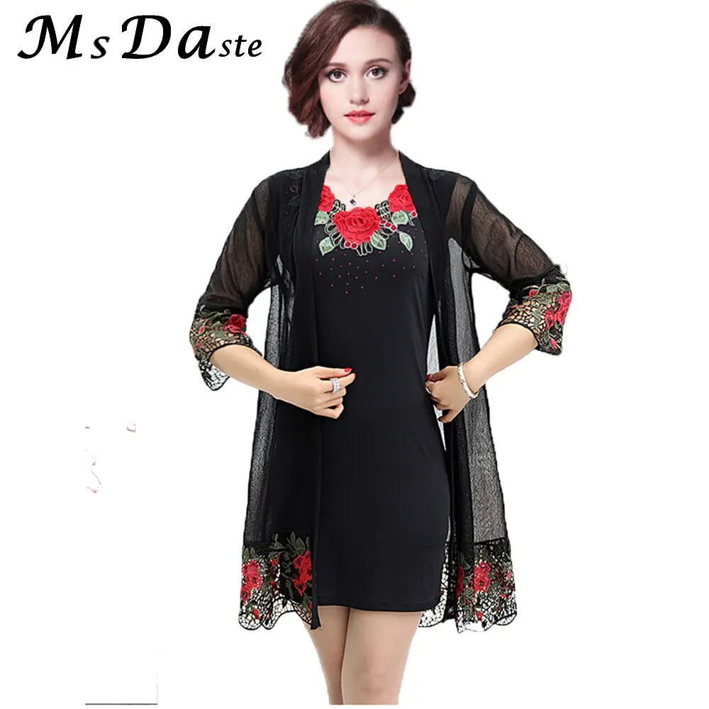 Set 2 Pieces Women Dress 2019 Summer Floral Embroidery Lady Dress Tunics Vestidos Robe Femme Red Black Gray XL~3XL 4XL Plus Size