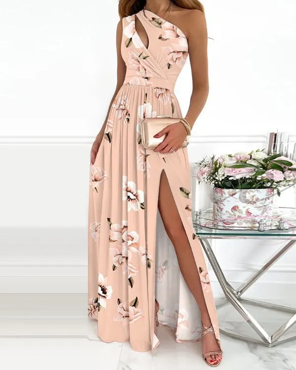 Brownm Slant Shoulder Hollow-out Elegant Other Commuter Gradient Color High Long Dress