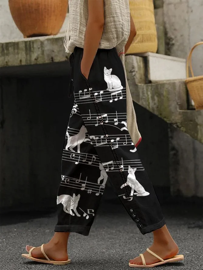 Ladies Cat Print Casual Pants