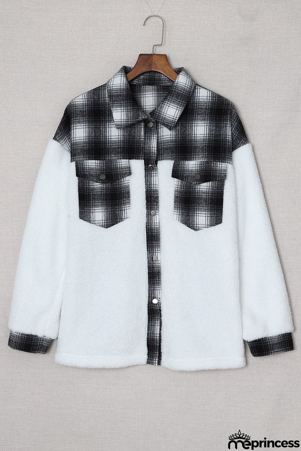 Plaid Patchwork Buttoned Pocket Sherpa Jacket