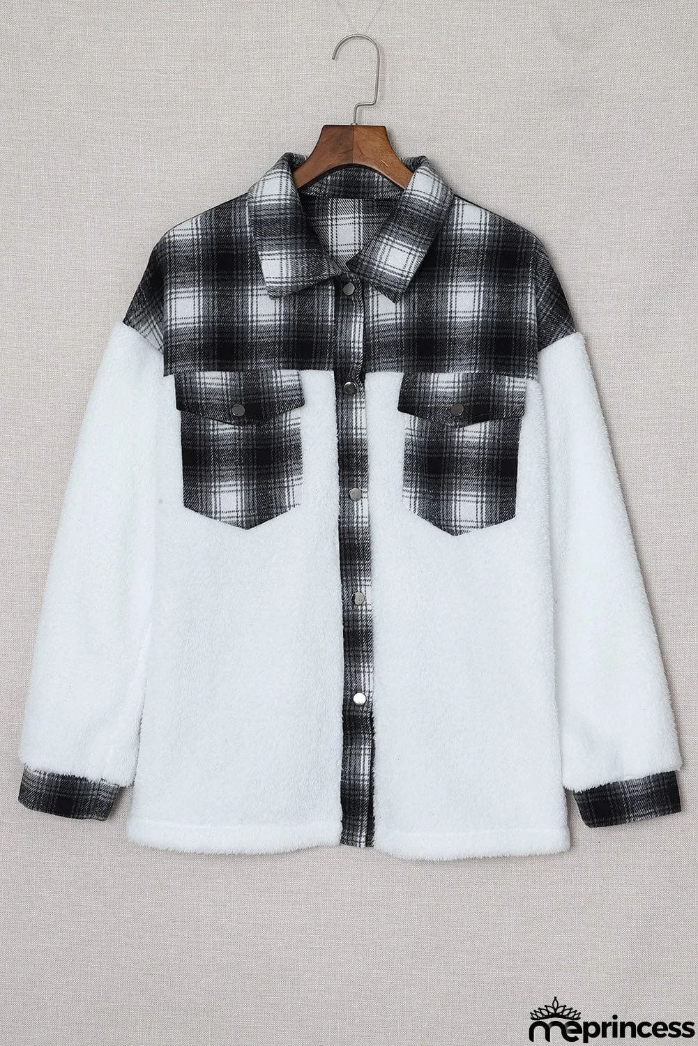 Plaid Patchwork Buttoned Pocket Sherpa Jacket