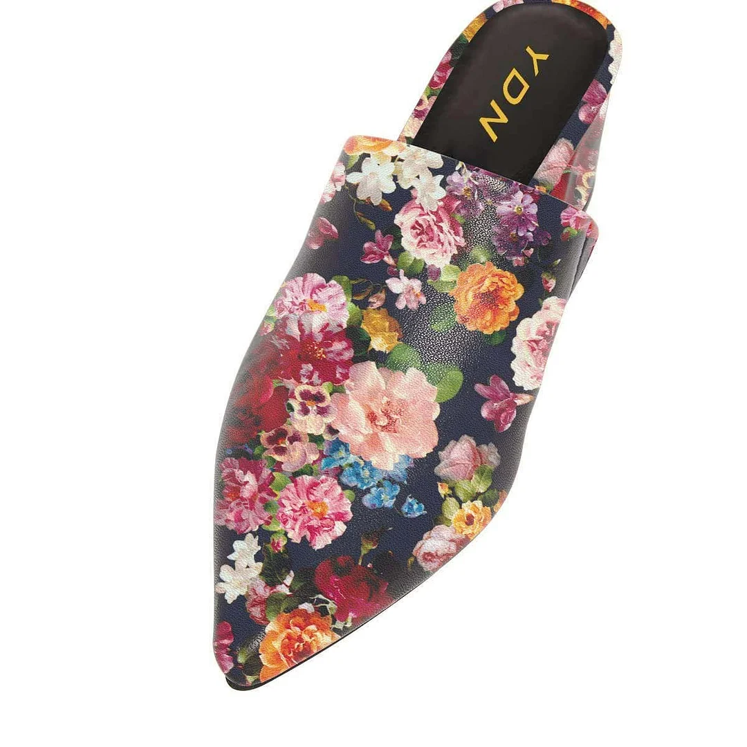 Multicolor Pointed Toe Chunky Heel Floral Print Slip On Mules Shoes